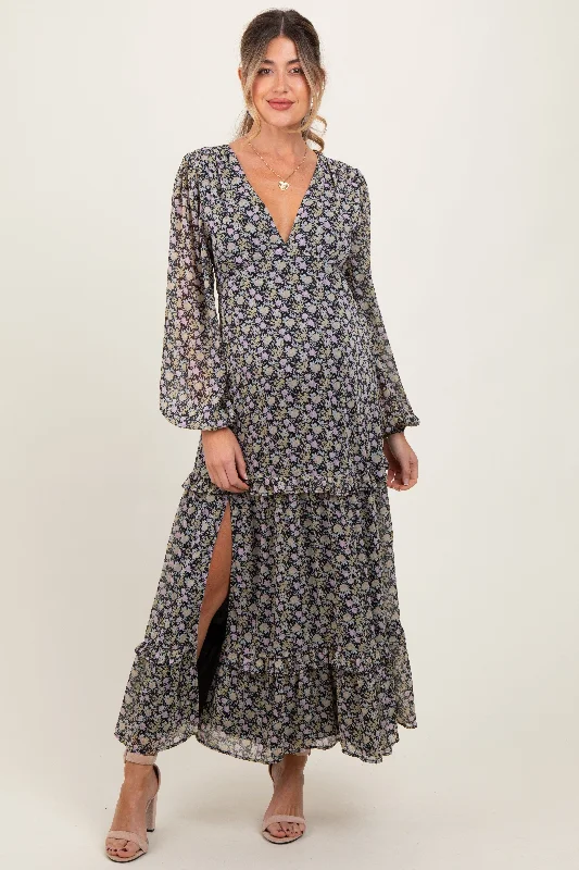 Maternity dress with empire waist for added comfort Black Floral Chiffon V-Neck Ruffle Tiered Maternity Maxi Dress