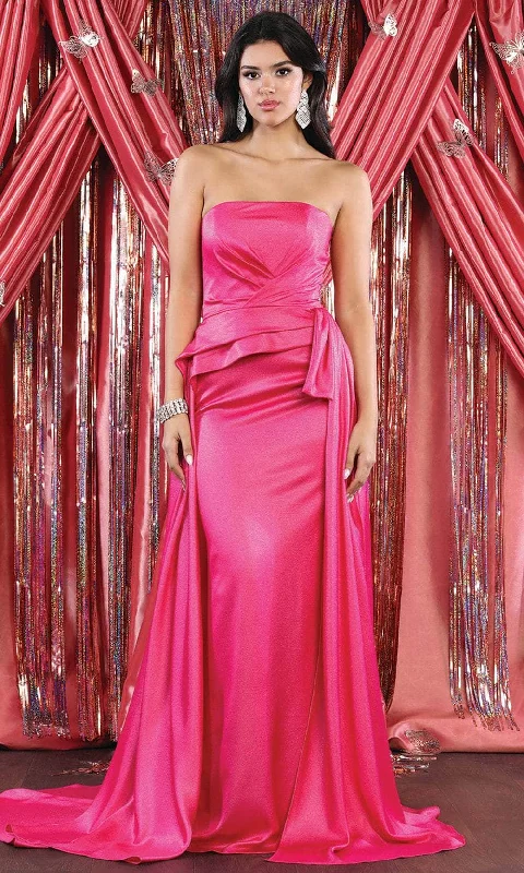 Sheath satin wedding dresses for a sleek appearance​ Midi wedding guest dresses in navy blue for a formal affair May Queen MQ1983 - Strapless Fitted Overlay Evening Dress