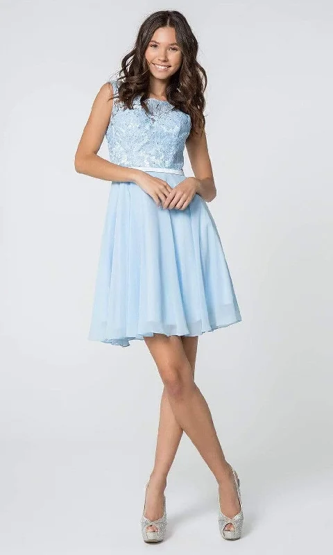 Modern minimalist wedding dresses with clean lines​ Printed wedding guest dresses with tropical motifs for beach weddings Elizabeth K - GS2807 Lace Bodice Corset Back Chiffon Dress