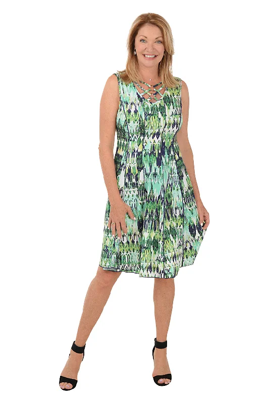 Garden Party Casual Dresses with Floral Motifs​ Ikat Lattice Neck Sleeveless Dress