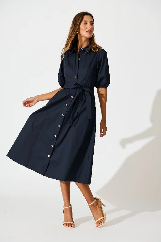 Petite - fit Everyday Dress with Ruffled Sleeves​ Adrienne Midi Shirt Dress in Navy Cotton