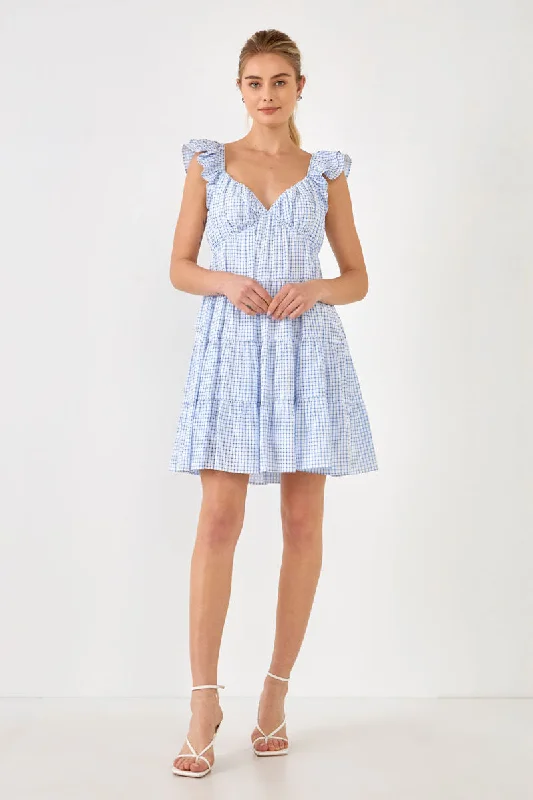Solid Color Casual Dresses in Earth Tones​ Gingham Printed Tiered Mini Dress