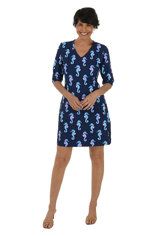Sun - Protective Casual Dresses for Outdoor Activities​ Navy Seahorses V-Neck UPF50+ Dress