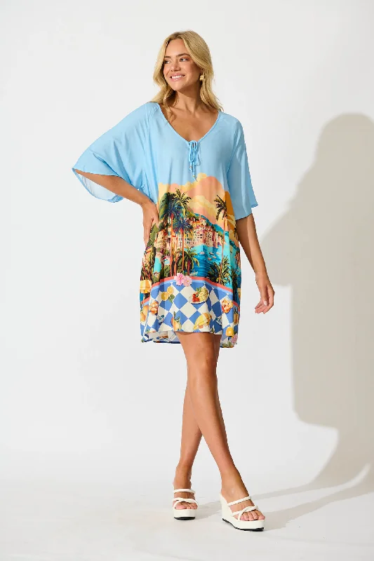Everyday Dress with Elastic - cuffed Sleeves for a Casual Look​ Marla Smock Dress In Light Blue with Multi Tropical Print