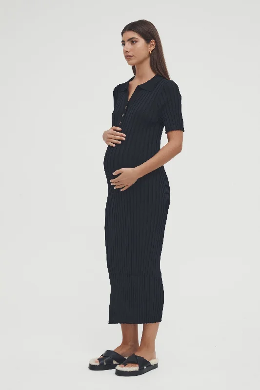 V neck maternity bodycon dress for photoshoot Luxe Polo Dress (Black)