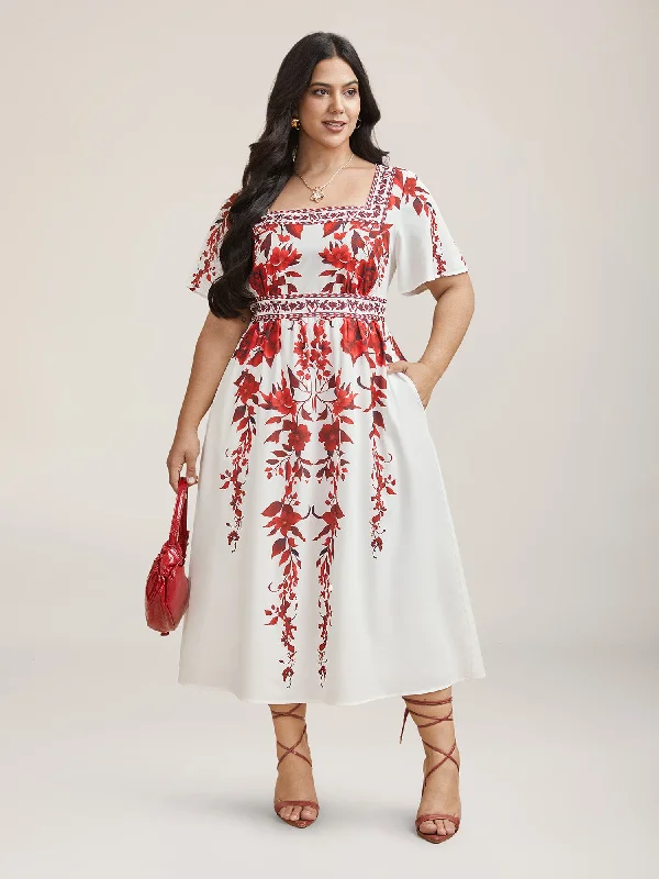  Bohemian Floral Print Stretchy Waist Maxi Dress