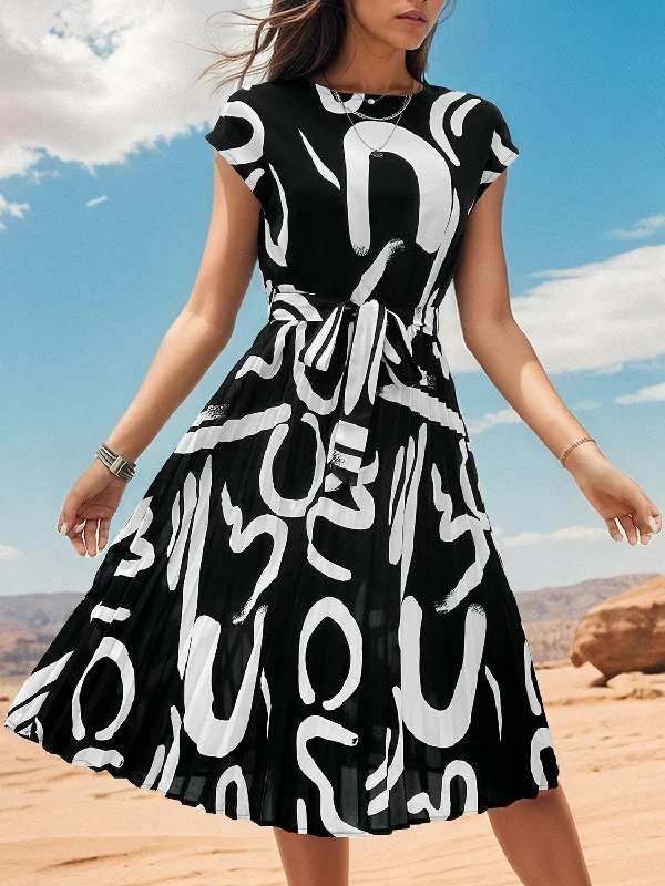  Printed Cap Sleeve Tie Waist Dress