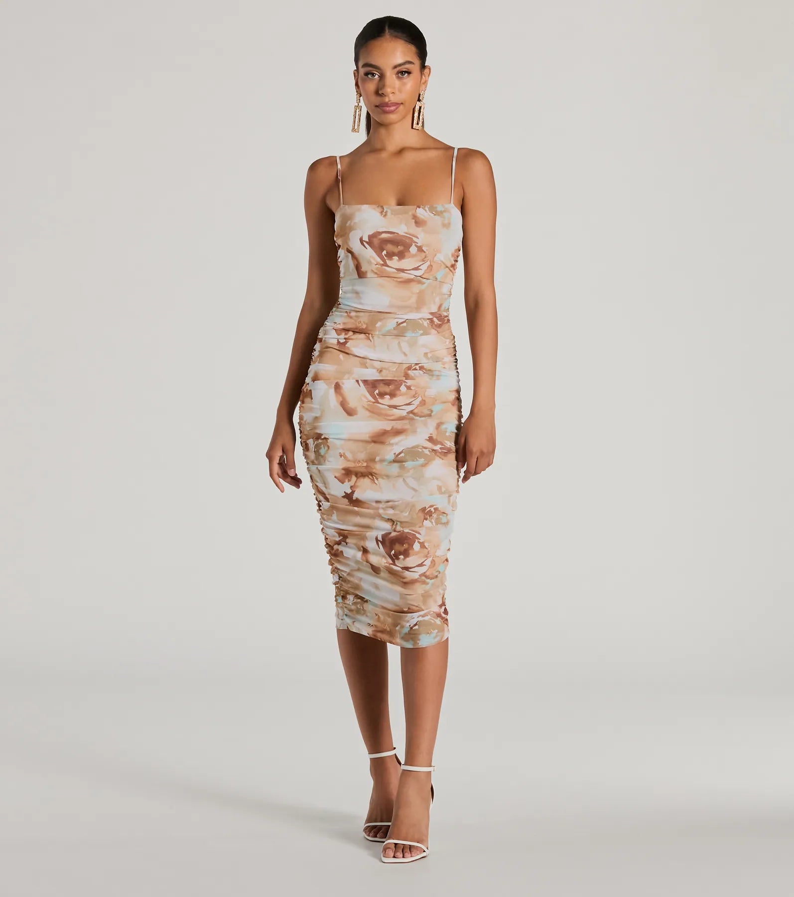 Midi dresses with gathered skirts for a full and flowing silhouette Admiring Muse Sleeveless Bodycon Floral Midi Dress