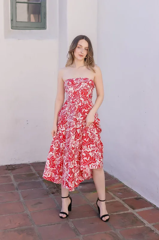 Lace - Trimmed Casual Dresses for a Delicate Touch​ Vanessa Sleeveless Back Tie Floral Print Midi Dress Red