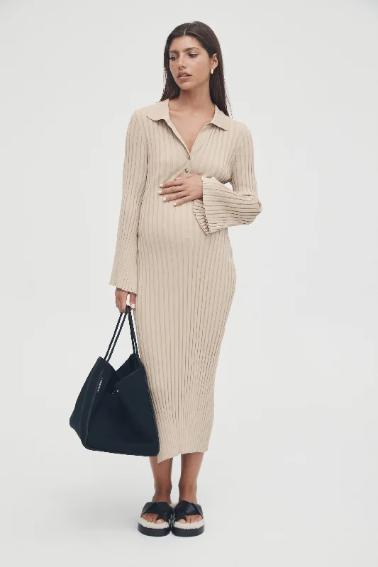 Maternity dress for a baby's first visit to the opera Luxe L/S Polo Dress (Latte)