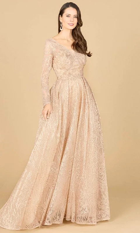 Wedding dresses with a dropped waist for a retro style​ Animal - print wedding guest dresses in subtle colors for a bold statement Lara Dresses 29142 - Long Sleeve Pleated Evening Gown