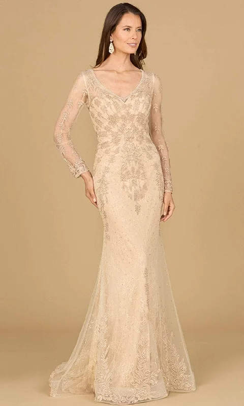Embroidered wedding dresses with metallic threads​ Halter - neck wedding guest dresses with beaded straps Lara Dresses 29128 - Lace Appliqued V-Neck Evening Gown