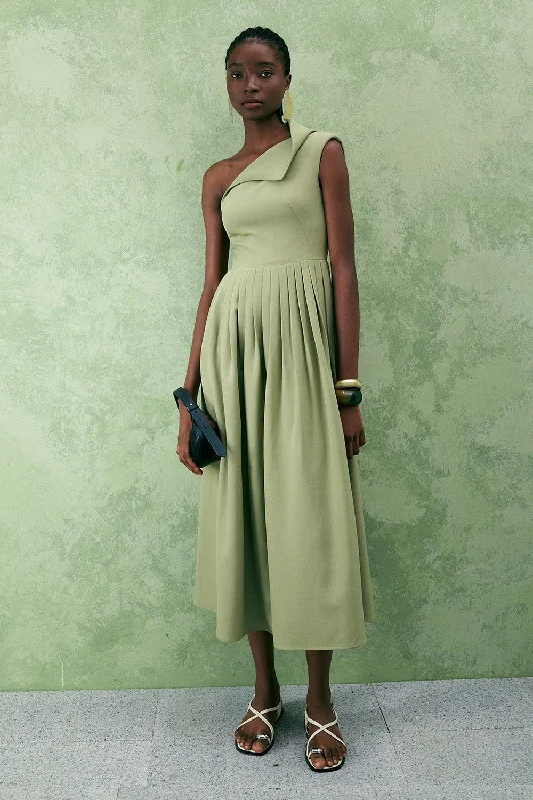 Midi dresses with ruffled hems for a romantic date night Crossandra A-line Waist Pleated Twill Midi Dress