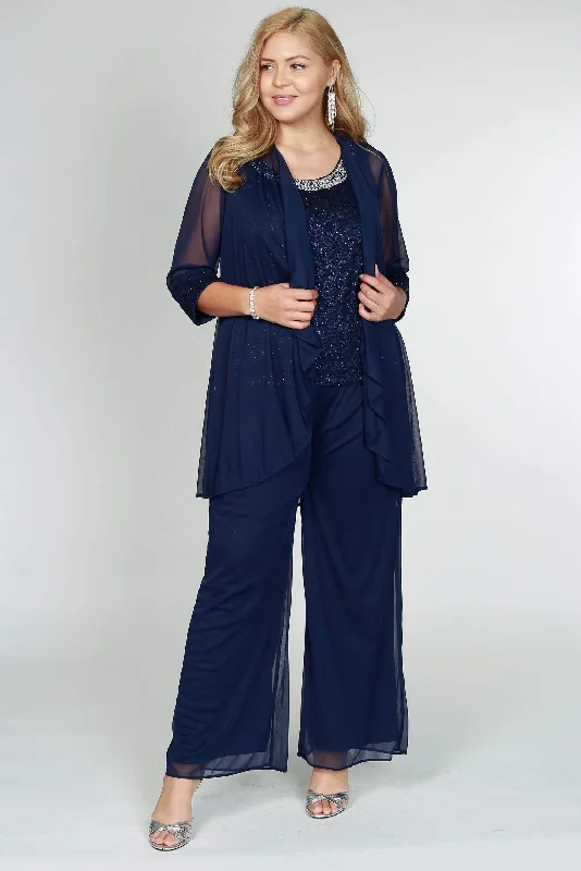 Empire - line wedding dresses with a ruffled skirt​ Wedding guest dresses with pom - pom trims for a playful look R&M Richards 5008P Petite Lace Pant Suit