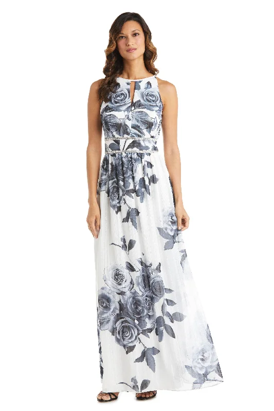 Vintage - themed wedding dresses with pearl accents​ Tea - length wedding guest dresses with polka dot patterns R&M Richards 7045 Long Formal Chiffon Print Dress