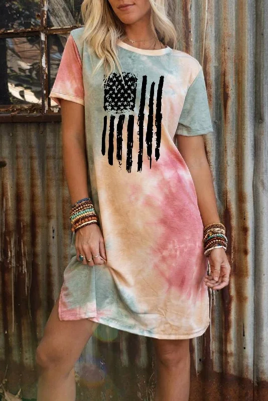 Everyday Dress with High - low Hem for a Trendy Edge​ Ink American Flag Tie Dye Short Sleeve T-Shirt Dress