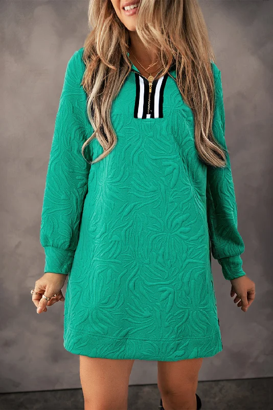 Animal print mini dresses for a bold statement Sea Green Jacquard Textured Quarter Zipper Shift Mini Dress