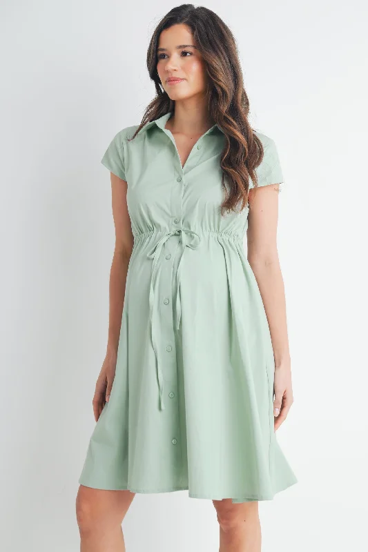 Maternity dress for a baby's first visit to the ballet Short Sleeve Button Front Belted Maternity Dress