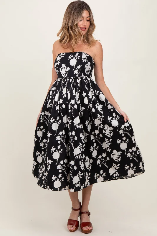 Maternity wrap dress with adjustable belt Black Floral Strapless Flare Maternity Midi Dress