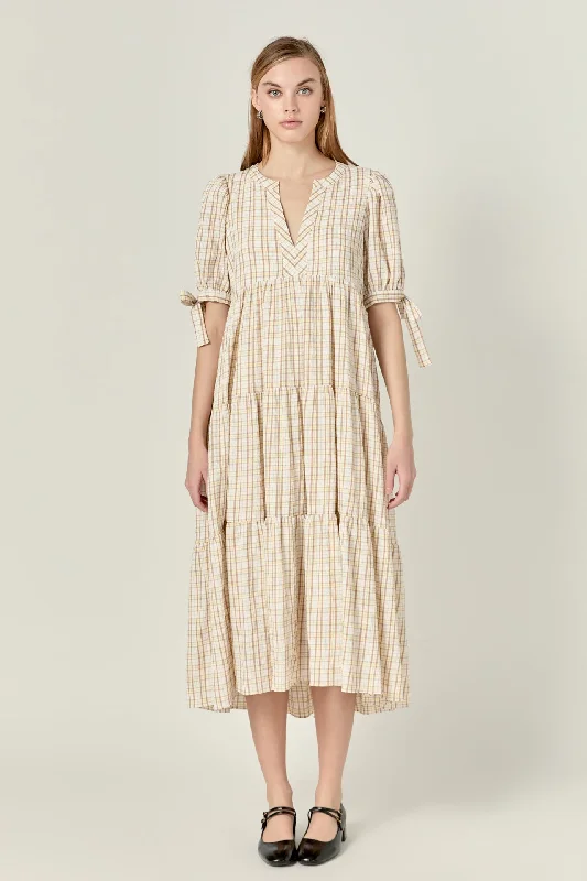 Modal Casual Dresses in Smooth Textures​ Gingham Tiered Dress with Bow-Tie Sleeves