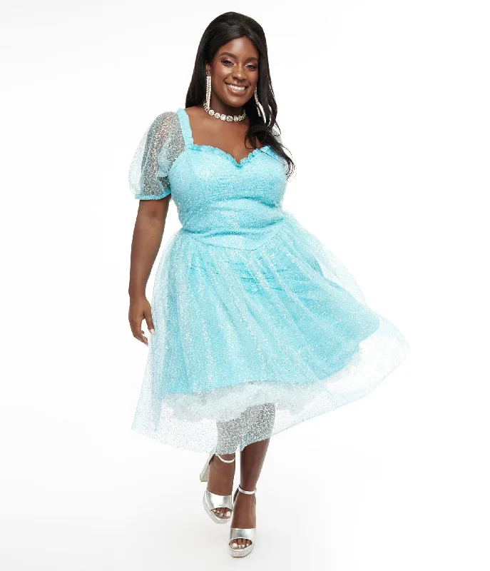 Everyday Dress with Tiered Skirt for a Voluminous Look​ Disney Princess collection by Unique Vintage Plus Size Blue Sequin Mesh Short Sleeve Cinderella Dress