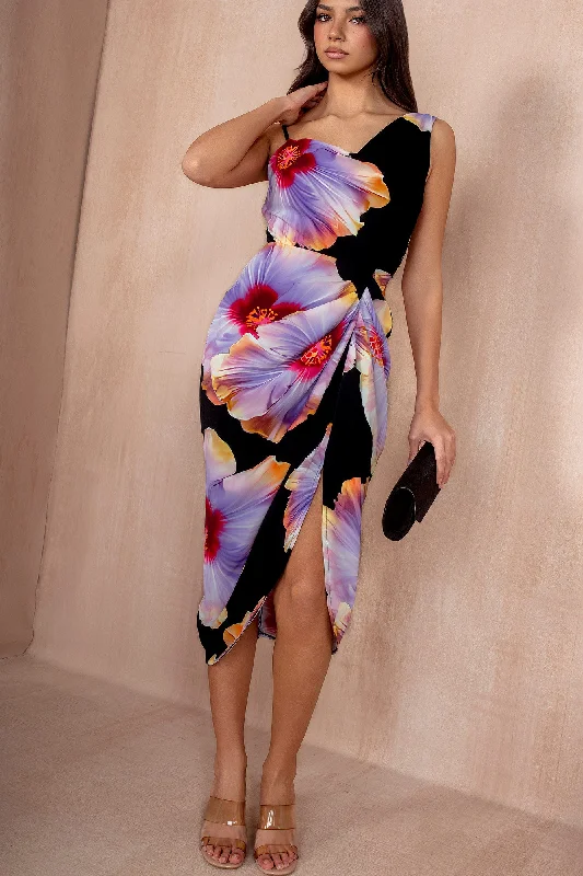 Midi dresses with sheer panels for a touch of allure AX Paris Sandra Black and Lilac Floral Dress