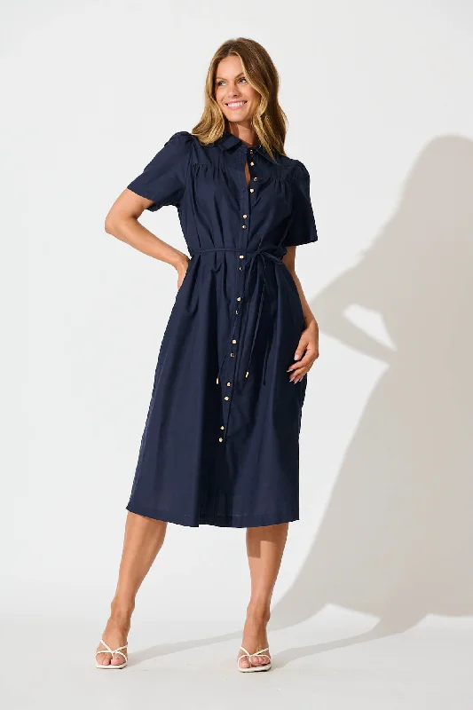  Oatland Midi Shirt Dress In Navy Cotton Linen