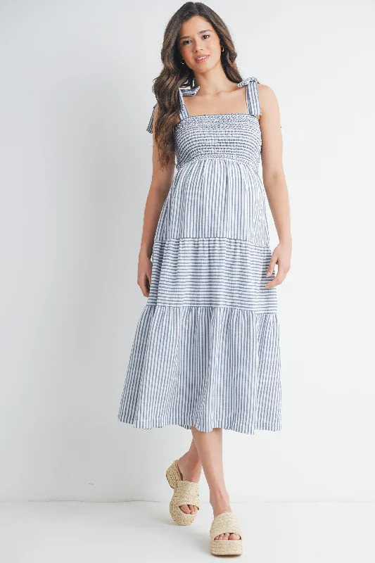 Maternity dress for a baby's first visit to the wildlife sanctuary Striped Smocking Tiered Maternity Midi Dress