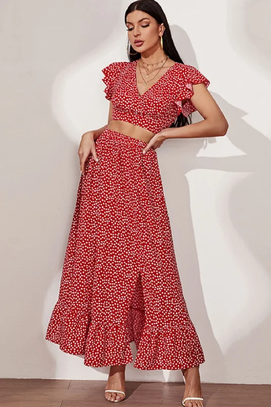  Printed Flutter Sleeve Crop Top and Ruffle Hem Slit Skirt