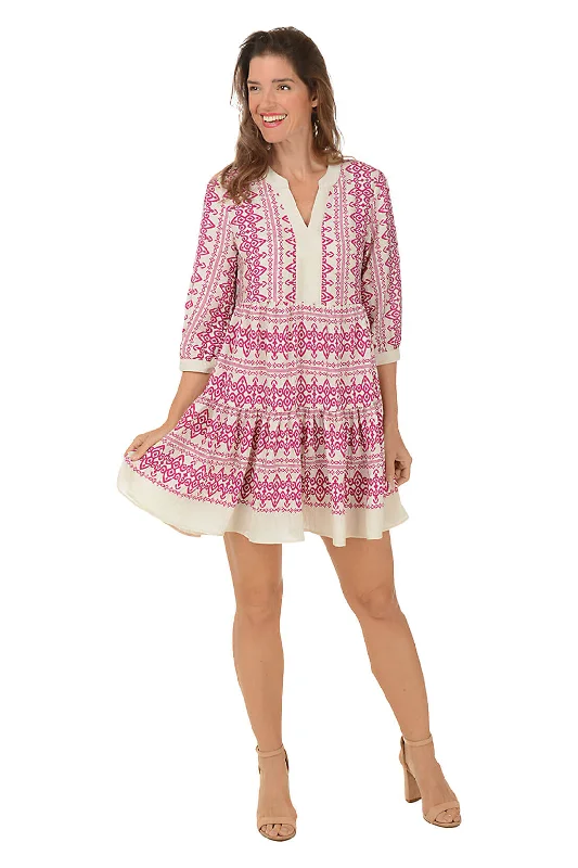 Quick - Dry Casual Dresses for Travel and Outdoor Use​ Magenta Bohemian 3/4 Sleeve Tiered Dress
