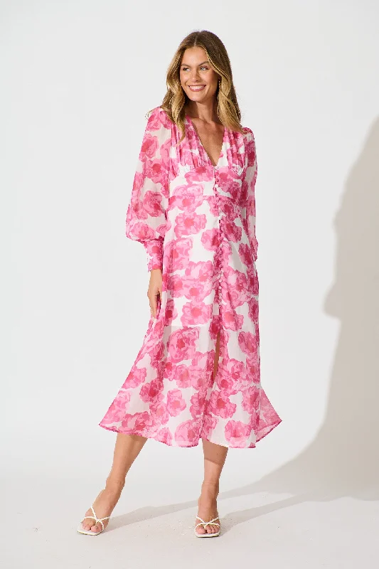 Midi dresses with metallic threads for a glamorous evening event Essence Midi Dress in White with Pink Floral