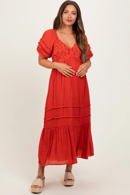 Maternity dress for a baby's first visit to the orchard Rust Crochet Detail Bodice Maternity Midi Dress