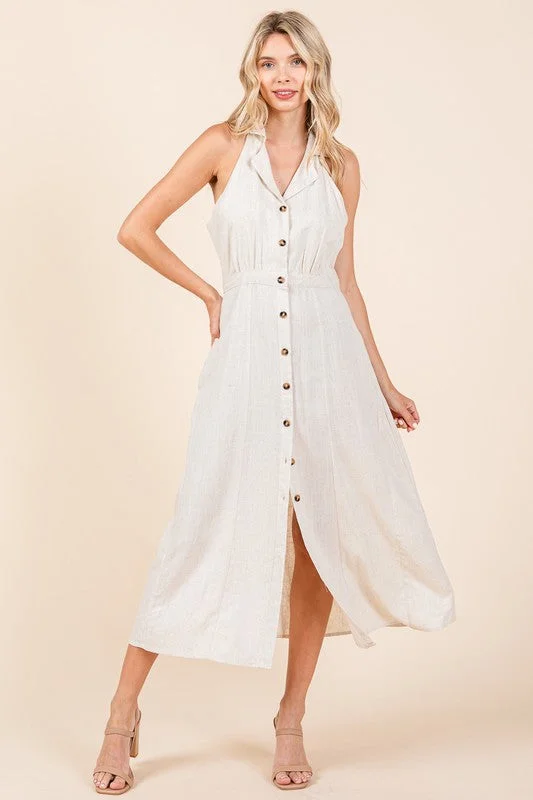 Dry - Clean - Only Casual Dresses for Delicate Fabrics​ Margaret Sleeveless Halter Button Down Linen Midi Dress Natural