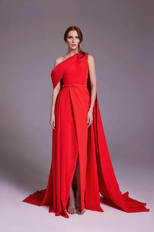 Wedding dresses with a built - in petticoat for added volume​ Wedding guest dresses with patchwork designs for a unique look MNM Couture N0551 - Asymmetric Crepe Gown with Cape