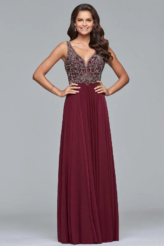 Chiffon and tulle combination wedding dresses​ Geometric - printed wedding guest dresses for a modern wedding Faviana - 10017 Beaded V-neck A-line Dress