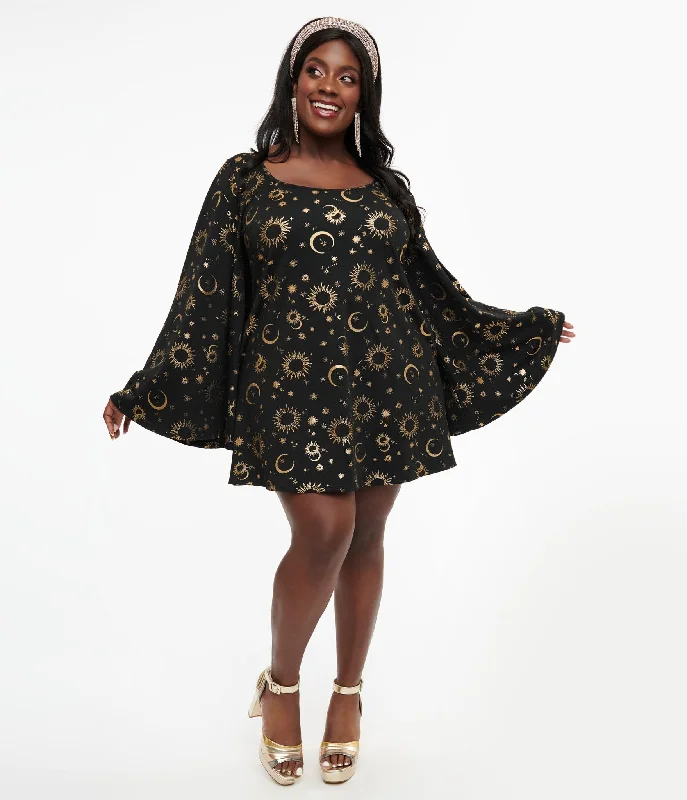 Everyday Dress with Sequined Appliques for a Sparkling Effect​ Smak Parlour 1960s Plus Size Black & Gold Celestial Print Mini Dress