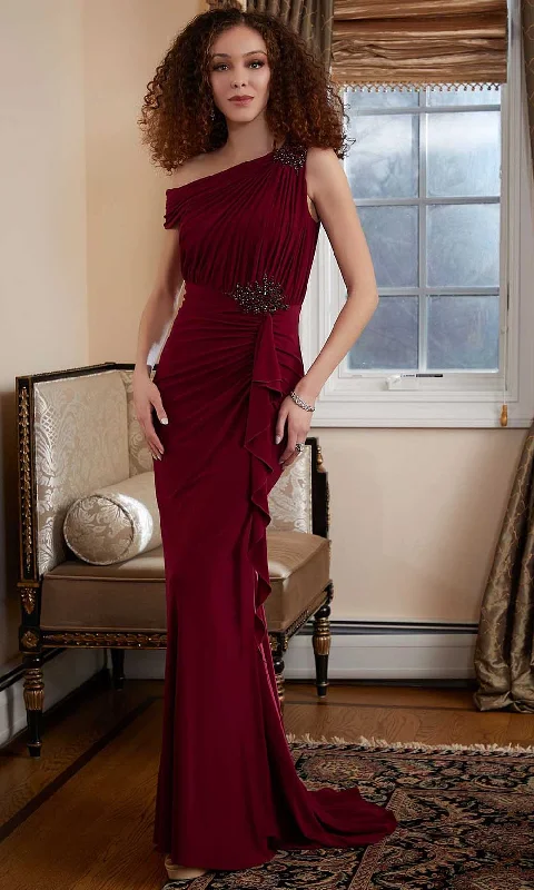 Wedding dresses with a bateau neckline for a classic shape​ Wedding guest dresses with tassel - adorned belts and A - line skirts MGNY By Mori Lee 72824 - Ruched One Shoulder Evening Gown