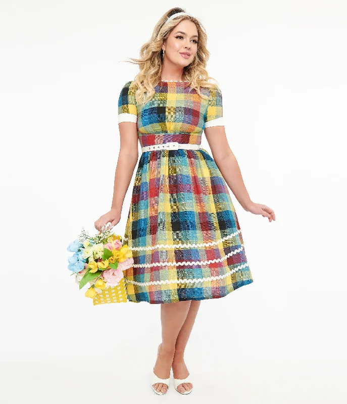  Unique Vintage 1950s Multicolor Plaid Cotton Swing Dress