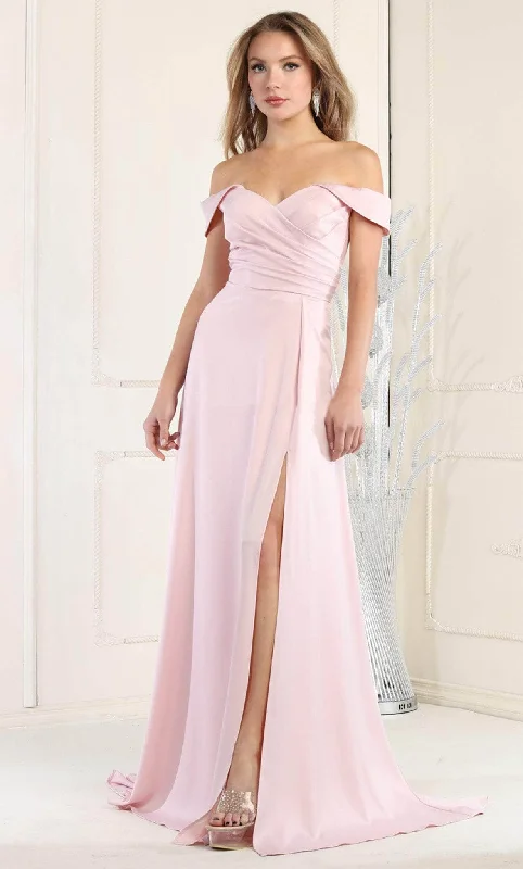 Wedding dresses with a lace - trimmed veil attachment​ Asymmetric - hem wedding guest dresses in metallic hues May Queen MQ1960 - Draped Off Shoulder Prom Dress