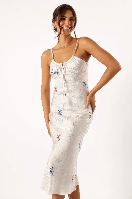 High - low midi dresses with geometric patterns for a modern party Rosa Midi Dress - White