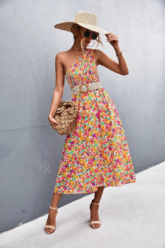  Floral Smocked One-Shoulder Midi Dress