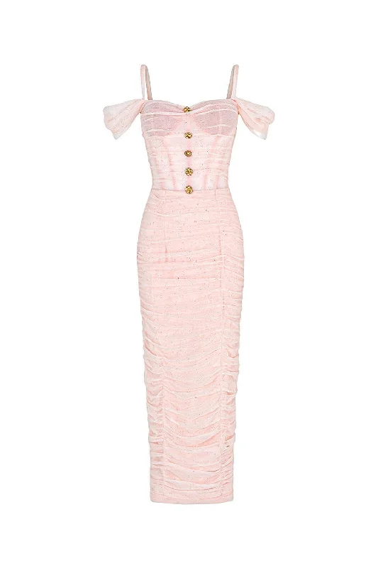 Midi dresses with off - the - shoulder necklines for a flirty look Evelyn Bodycon Cold Shoulder Sleeved Spandex Midi Dress