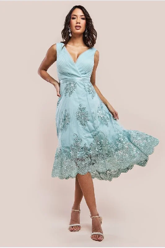 Midi dresses with ruffled bodices for a more pronounced feminine look Goddiva Pleated Satin Bodice High And Low Dress - Sage Green