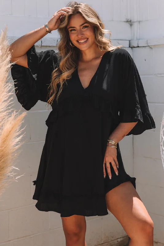 Mini dresses with gathered skirts for a voluminous effect Black Ruffled 3/4 Sleeve V Neck Babydoll Mini Dress