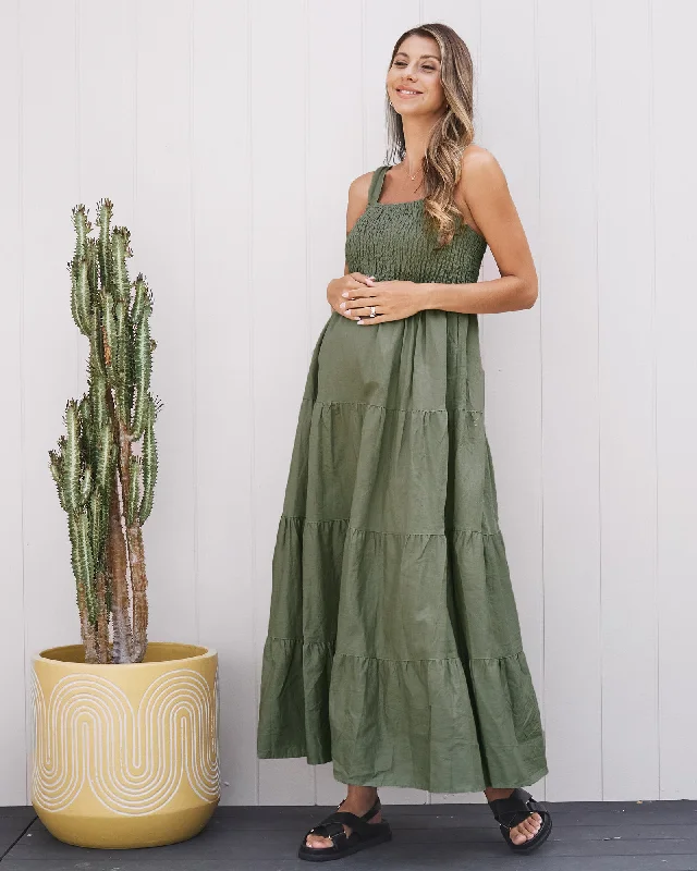 Maternity dress for a baby's first visit to the science center Lilliana Flowy Maternity Maxi Linen Dress in Olive