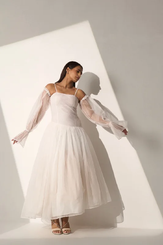 Everyday Dress with Flutter Sleeves for a Feminine Look​ Women's Gracious White organza flared dress