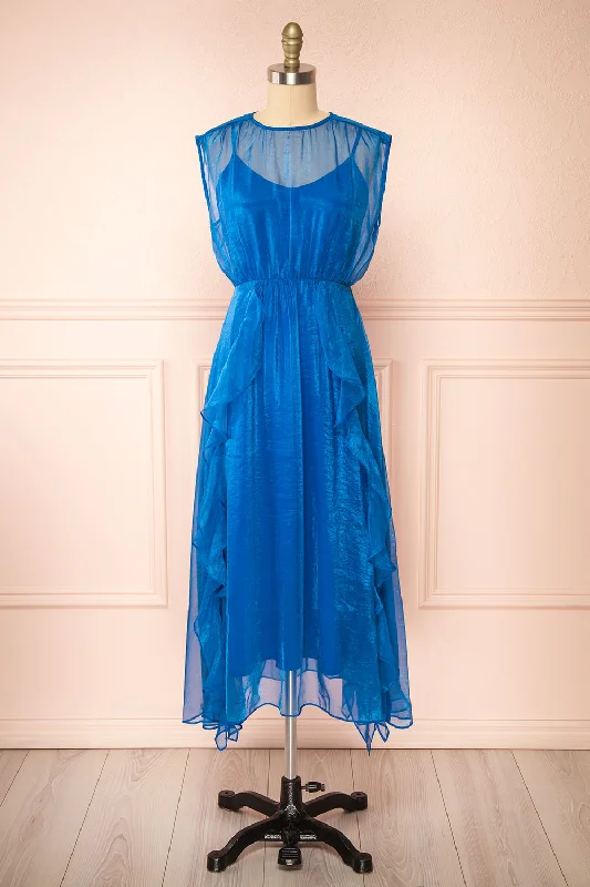 Mini dresses with puff sleeves for a vintage look Talula | Blue Midi Dress w/ Ruffles