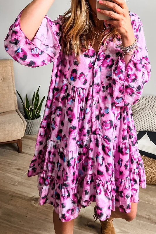 Mini dresses with bow accents for a sweet look Rose Leopard Print Buttoned Front 3/4 Sleeve Tiered Ruffled Hem Dress