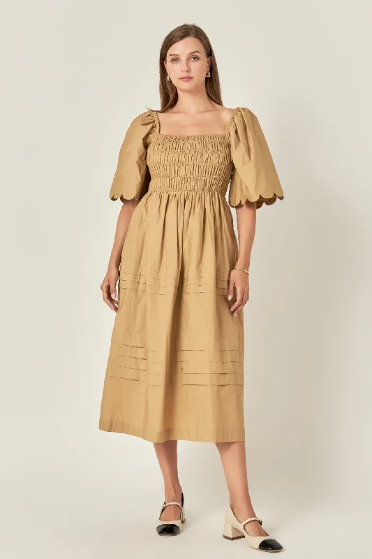 Floral Printed Casual Dresses for Summer​ Scallop Detail Midi Dress