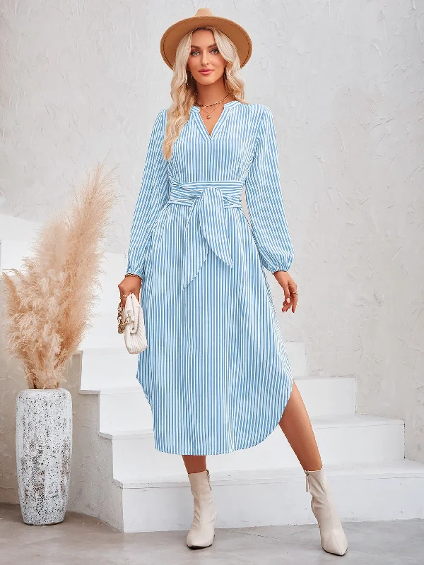 Everyday Dress with Shiny Metallic Thread for a Festive Feel​ Striped Notched Neck Curved Hem Long Sleeve Dress